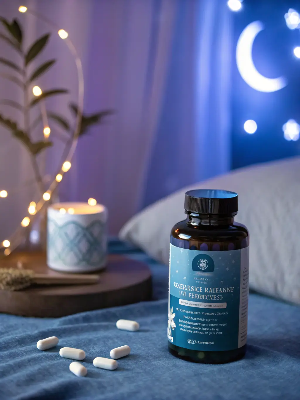 A hand holding a Magnesium supplement, with green leafy vegetables and nuts in the background, showcasing natural sources of Magnesium.