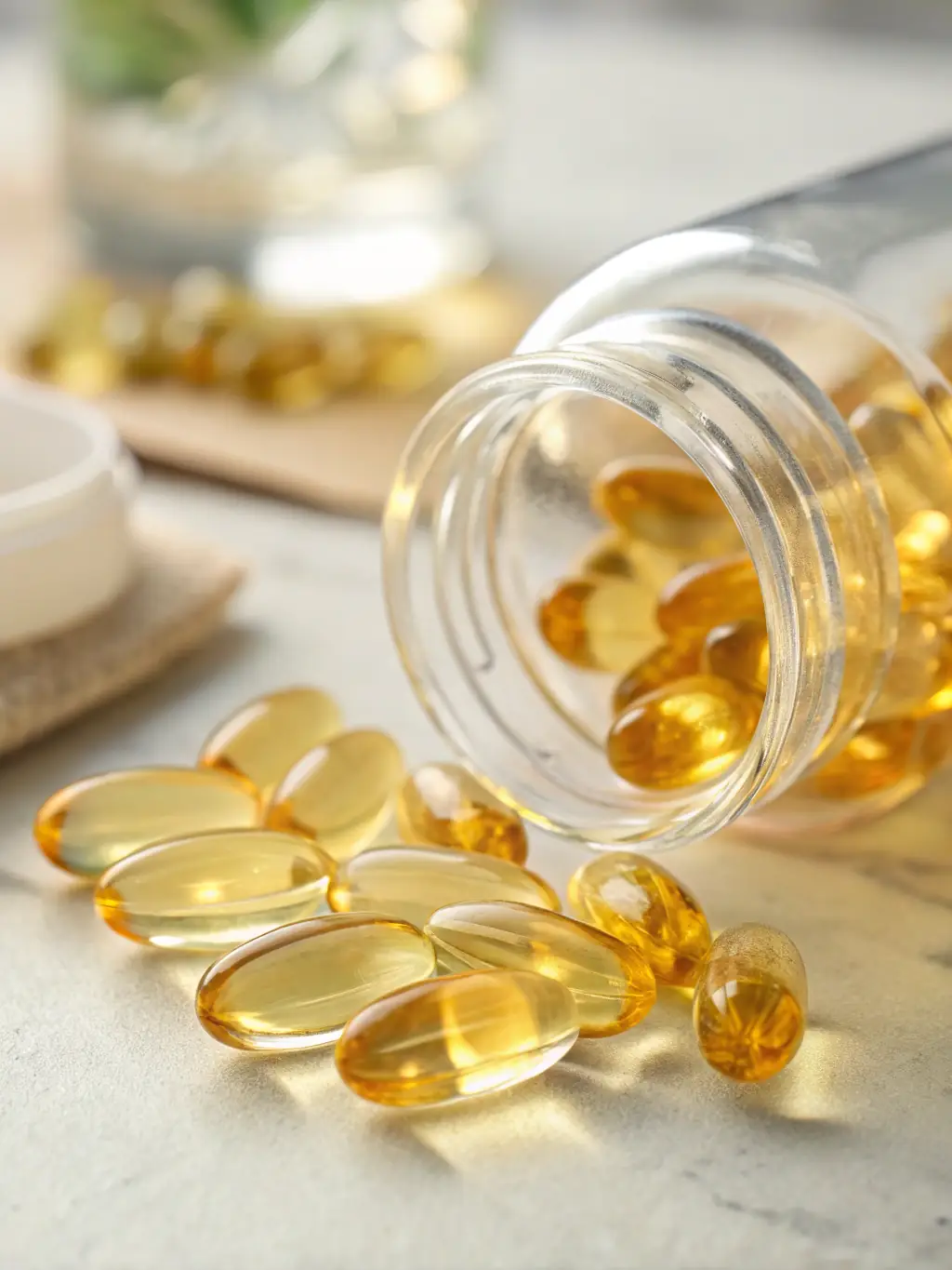 A close-up shot of Omega-3 capsules with a bottle of fish oil in the background, emphasizing the natural source and health benefits.