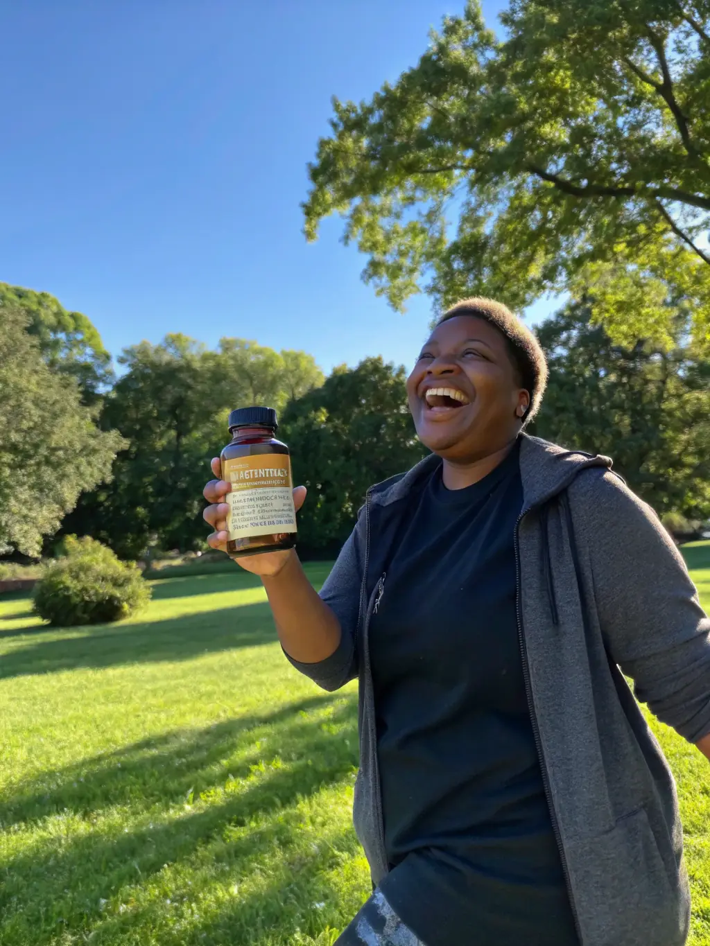 A person in sunlight, highlighting the importance of Vitamin D, with a bottle of Vitamin D supplements nearby.